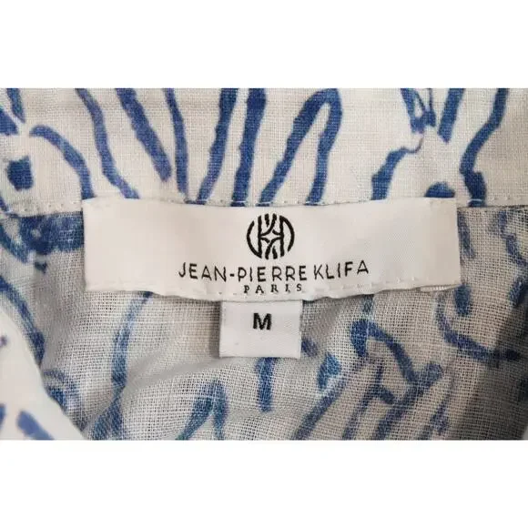 Jean-Pierre Klifa Top Womens White Blue Bunny Print Linen Blend Button Up Casual - Picture 5 of 9